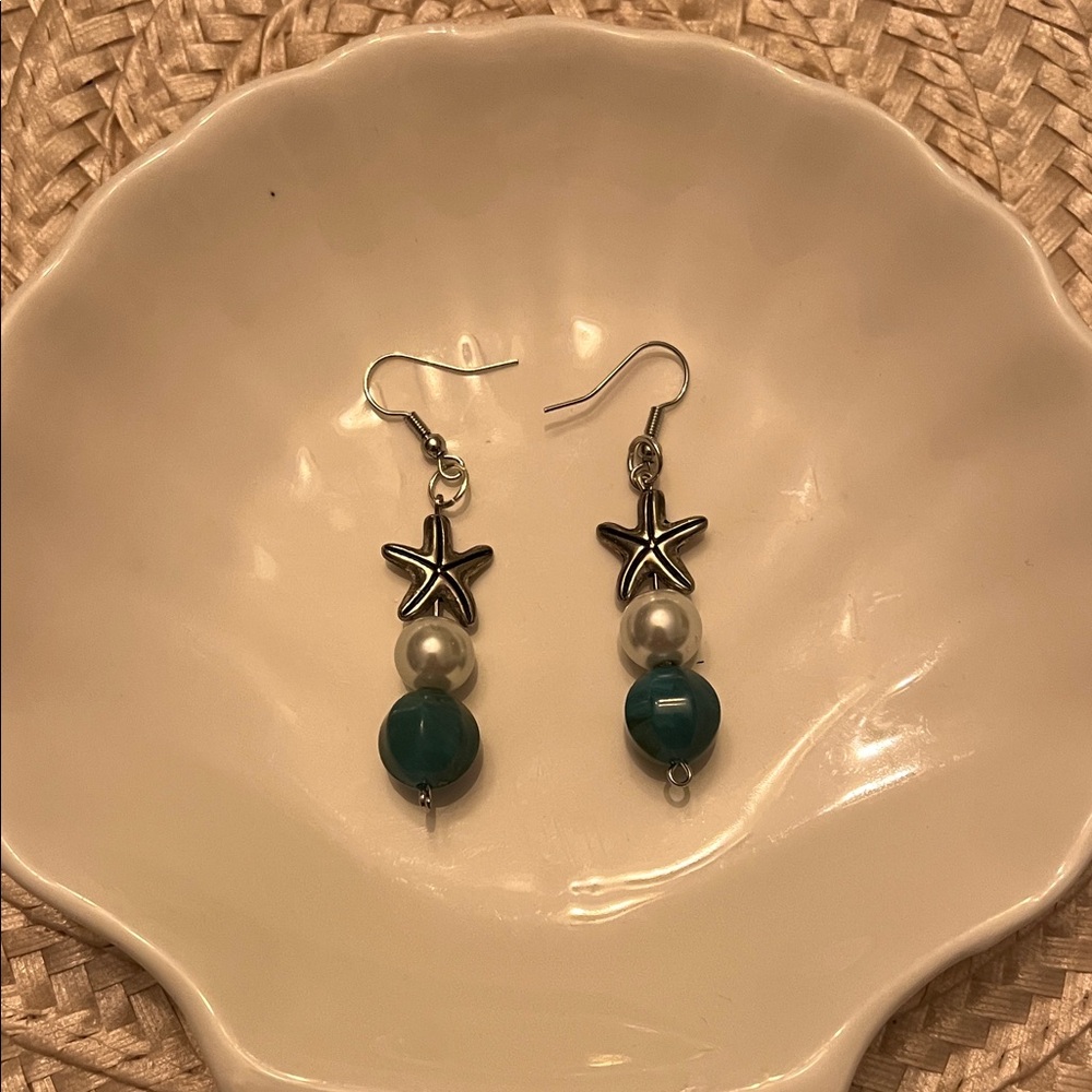 Ocean Starfish Pearl and Teal Earrings